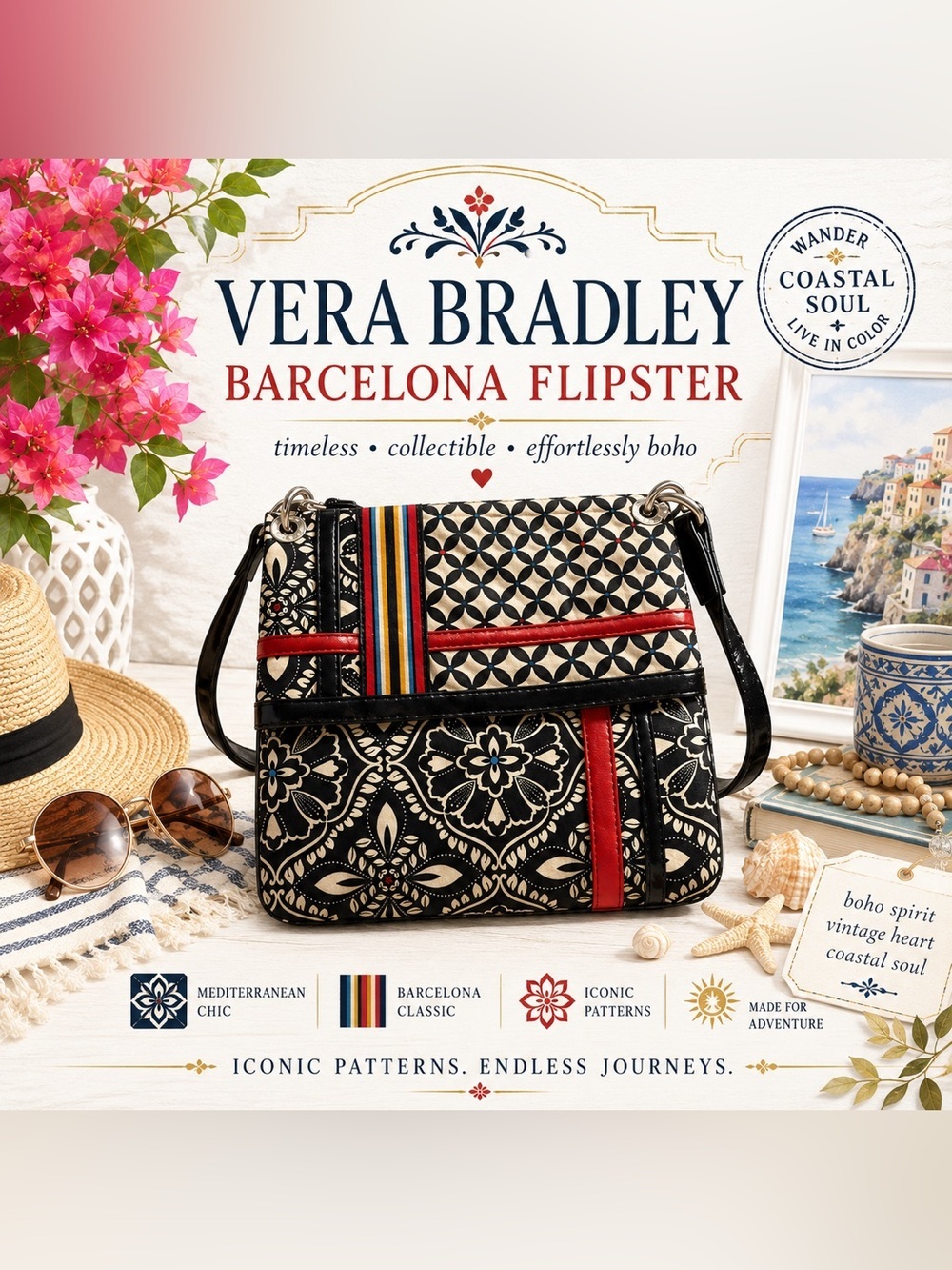 Vera Bradley Barcelona Flipster Crossbody Bag Retired Print Black Cream Red
